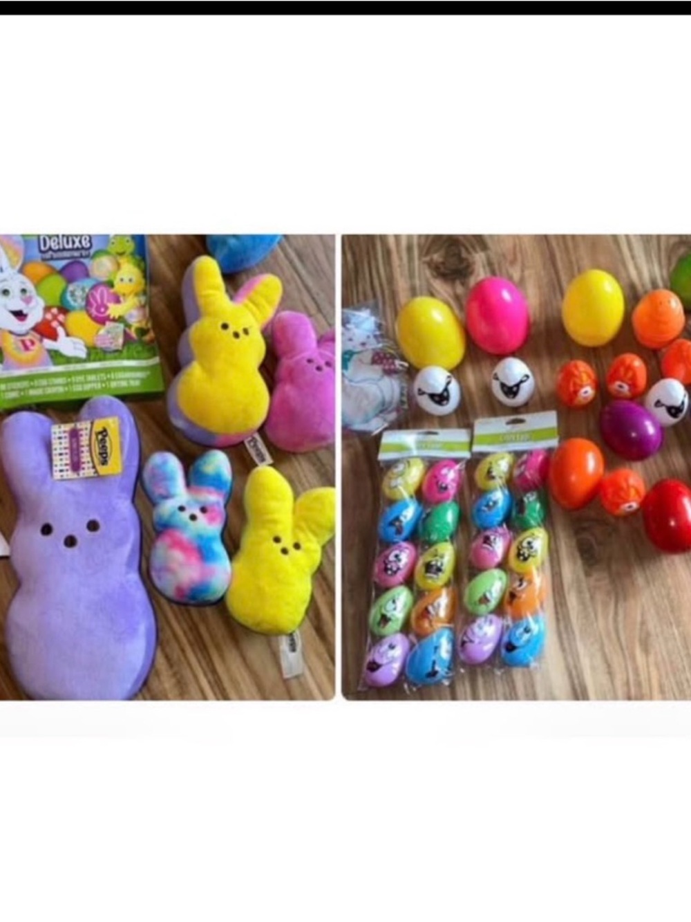 PEEPS lot x6 pink, yellow, purple & blue bunny + egg dye kit + 44 plastic eggs